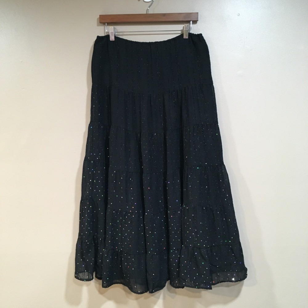 East of L.A. Sequin Glitter Tiered Maxi Skirt Womens M Black Festival Whimsygoth